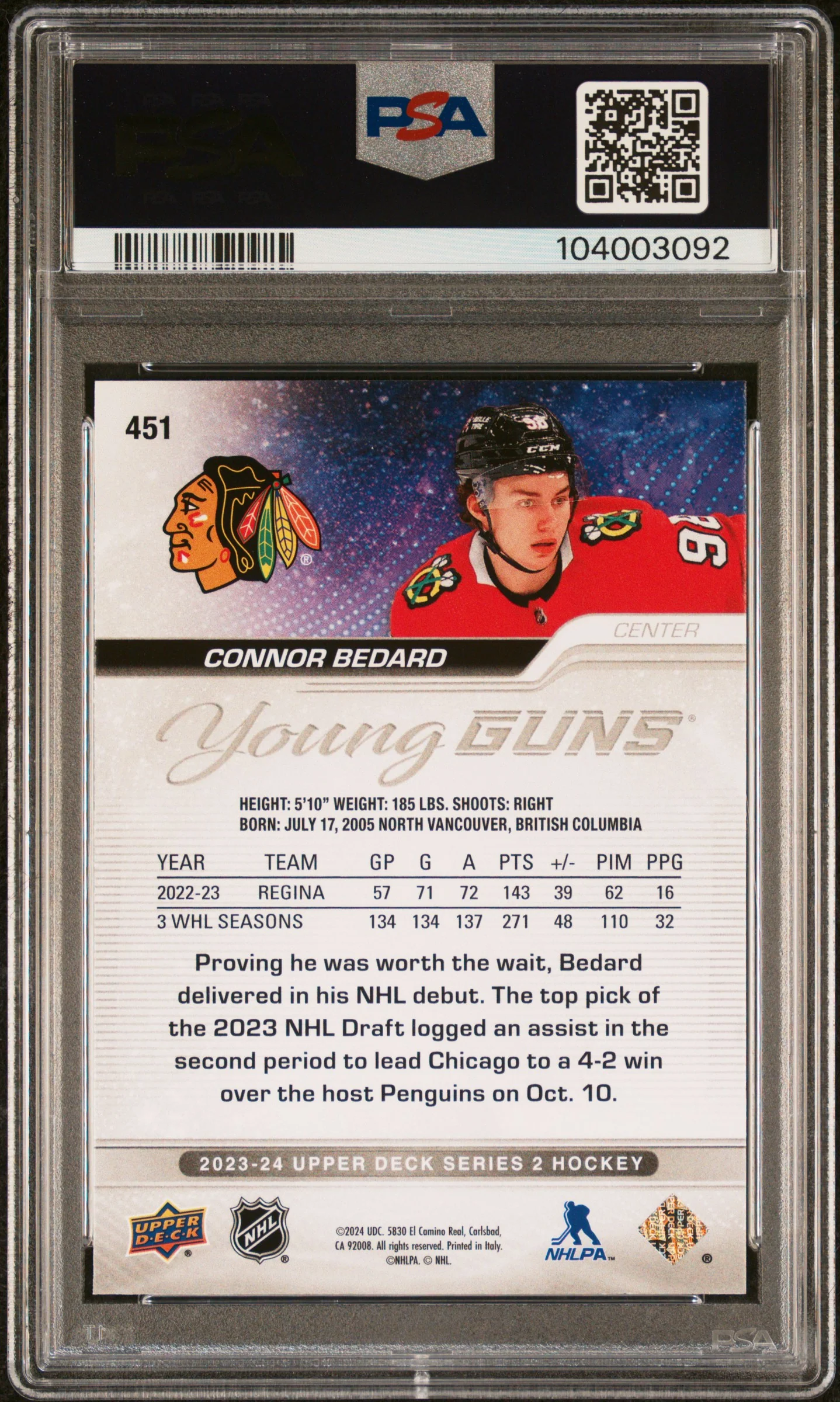 PSA 10 - 2023 UD Series 2 - Connor Bedard Young Gun #451 - Image 2