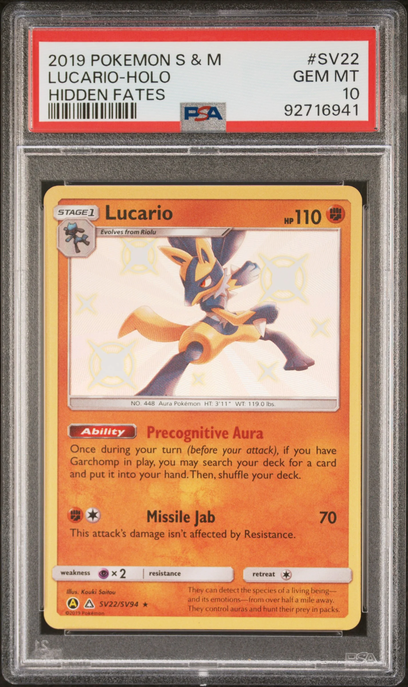 PSA 10 - Hidden Fates - Lucario #SV22