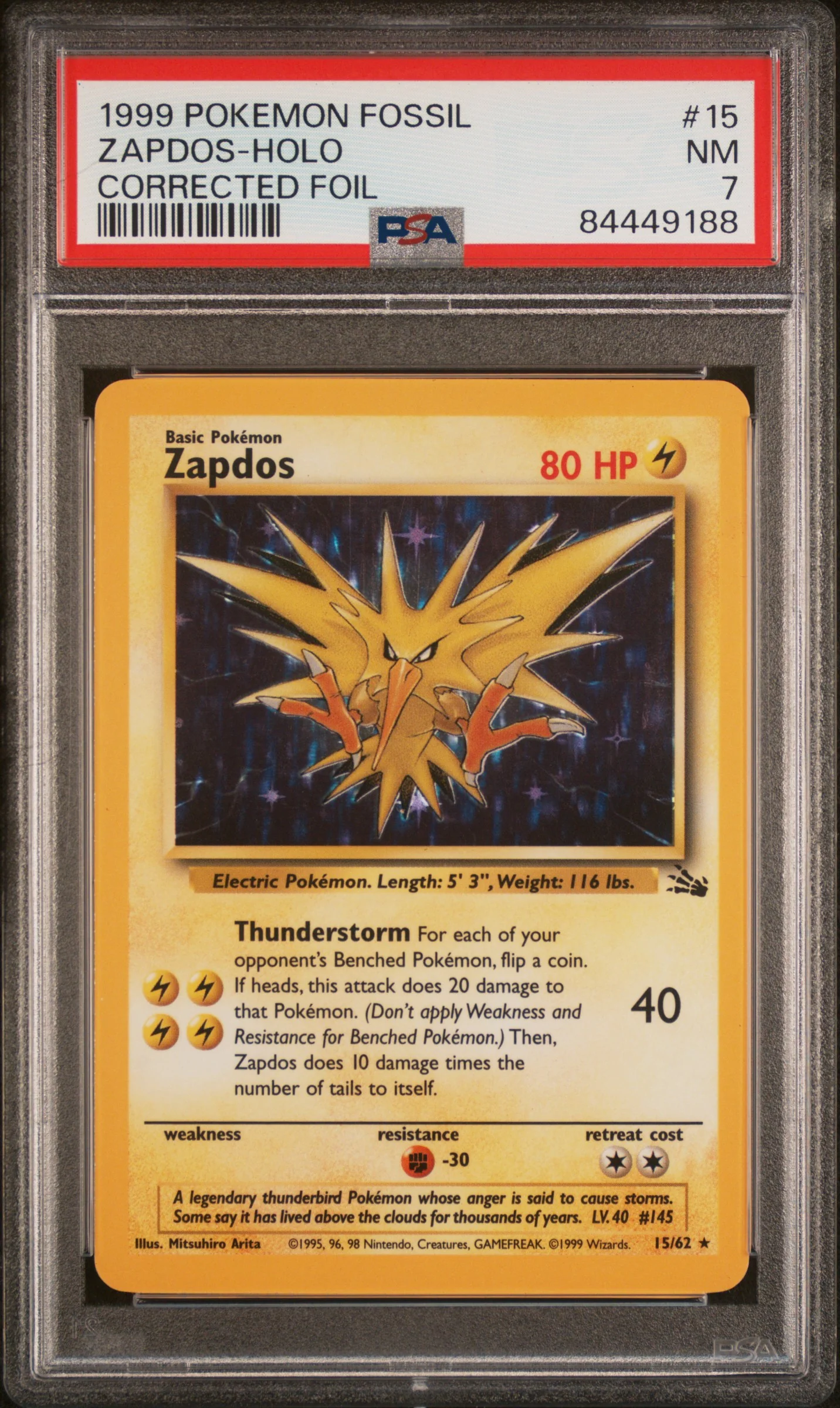 PSA 7 - Fossil Unlimited - Zapdos Holo Corrected Foil #15
