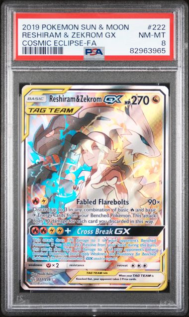 PSA 8 - Cosmic Eclipse - Reshiram & Zekrom GX #222