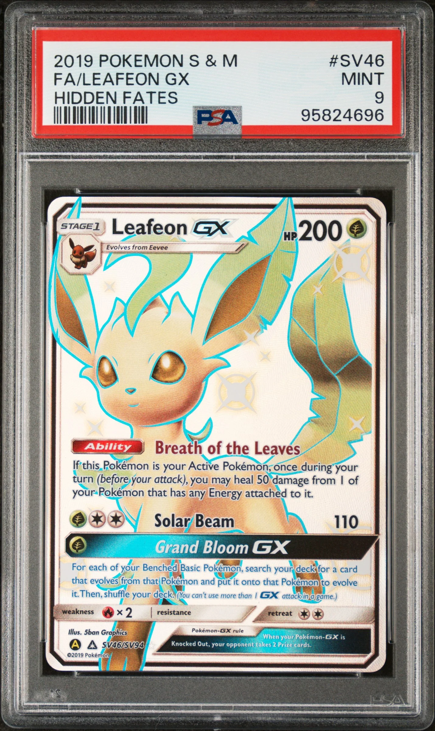 PSA 9 - Hidden Fates - Leafeon GX #SV46