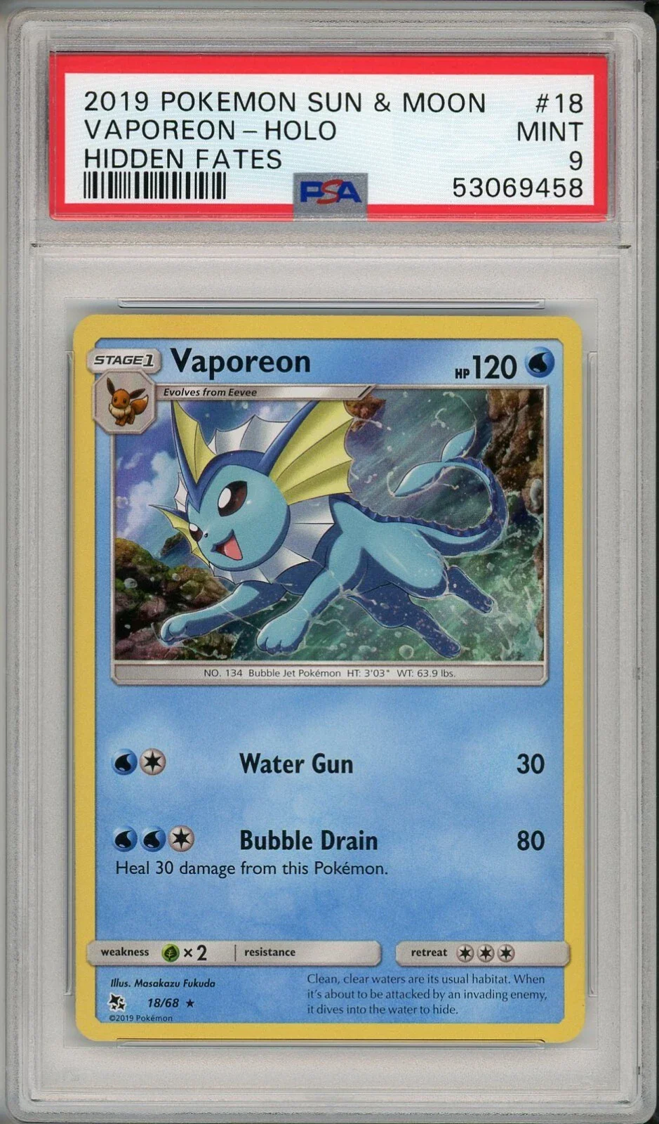 PSA 9 - Hidden Fates - Vaporeon Holo #18